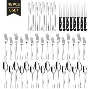 Astercook 25 Pieces Black Silverware Set Steak Knives Flatware 4 Food Grade 410 Stainless Steel Tableware Cutlery Set Eating Mirror Polished Utensil
