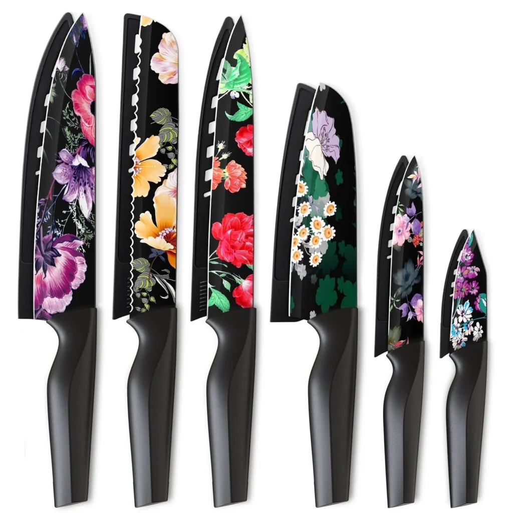 Astercook 6 Piece Flower Kitchen Knife Set German High Carbon Stainless Steel Knives Sets 6 Blade Guards Dishwasher Safe Perfect Gifts Kitchen