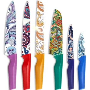 Astercook Kitchen Knife Set with Cover 12 Pcs Paisley Pattern German Stainless Steel Dishwasher Safe