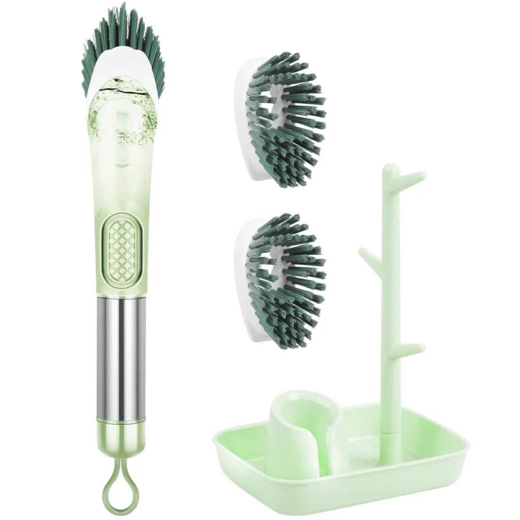 BCOOSS Soap Dispenser Dish Brush Kitchen Scrubber Set – 3 Heads β alternate angle showing full product