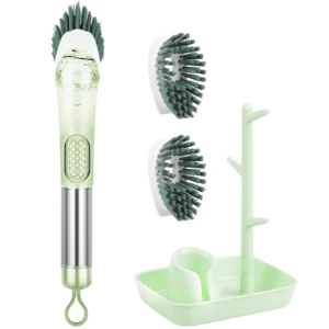 BCOOSS Dish Brush with Soap Dispenser Kitchen Scrubber Set for Cleaning Pot Pan Sink with 3 Replaceable Brush Heads and 1 Holder Green
