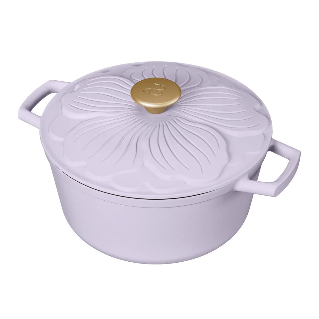 Beautiful 4 Quart Enameled Cast Iron Round Dutch Oven with petal design lid Lavender by Drew Barrymore