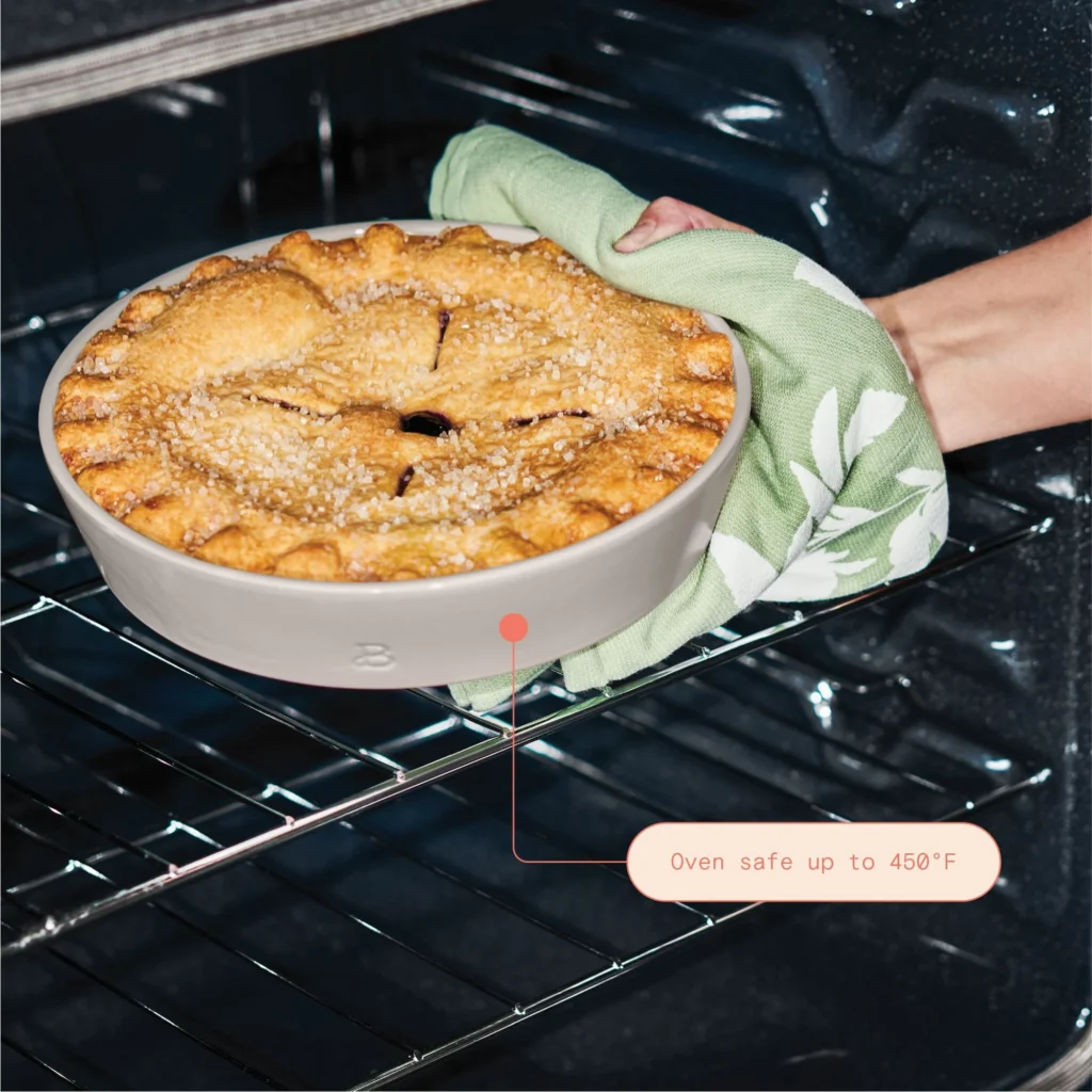 Beautiful Drew Barrymore 9″ Stoneware Pie Dish – Porcini Taupe β close-up detail of design and finish