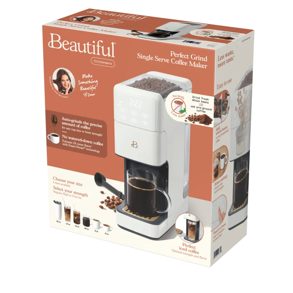 Beautiful by Drew Barrymore Perfect Grind Programmable Single Serve Coffee Maker – White Icing β alternate angle showing full product