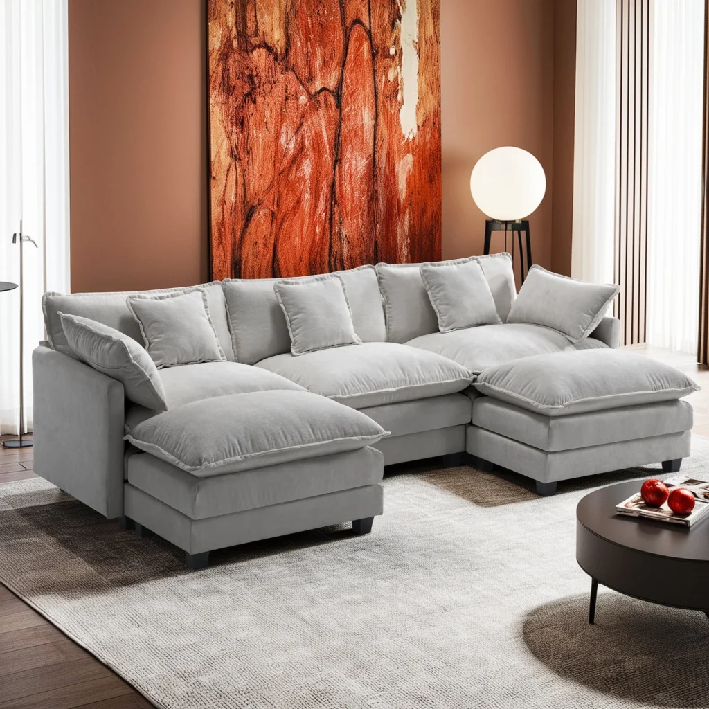 BedLuxury 111 5 Modular Sectional Sofa with Movable Ottomans U Shaped Cloud Couch for Living Room 3 Seat Grey — alternate angle showing full product