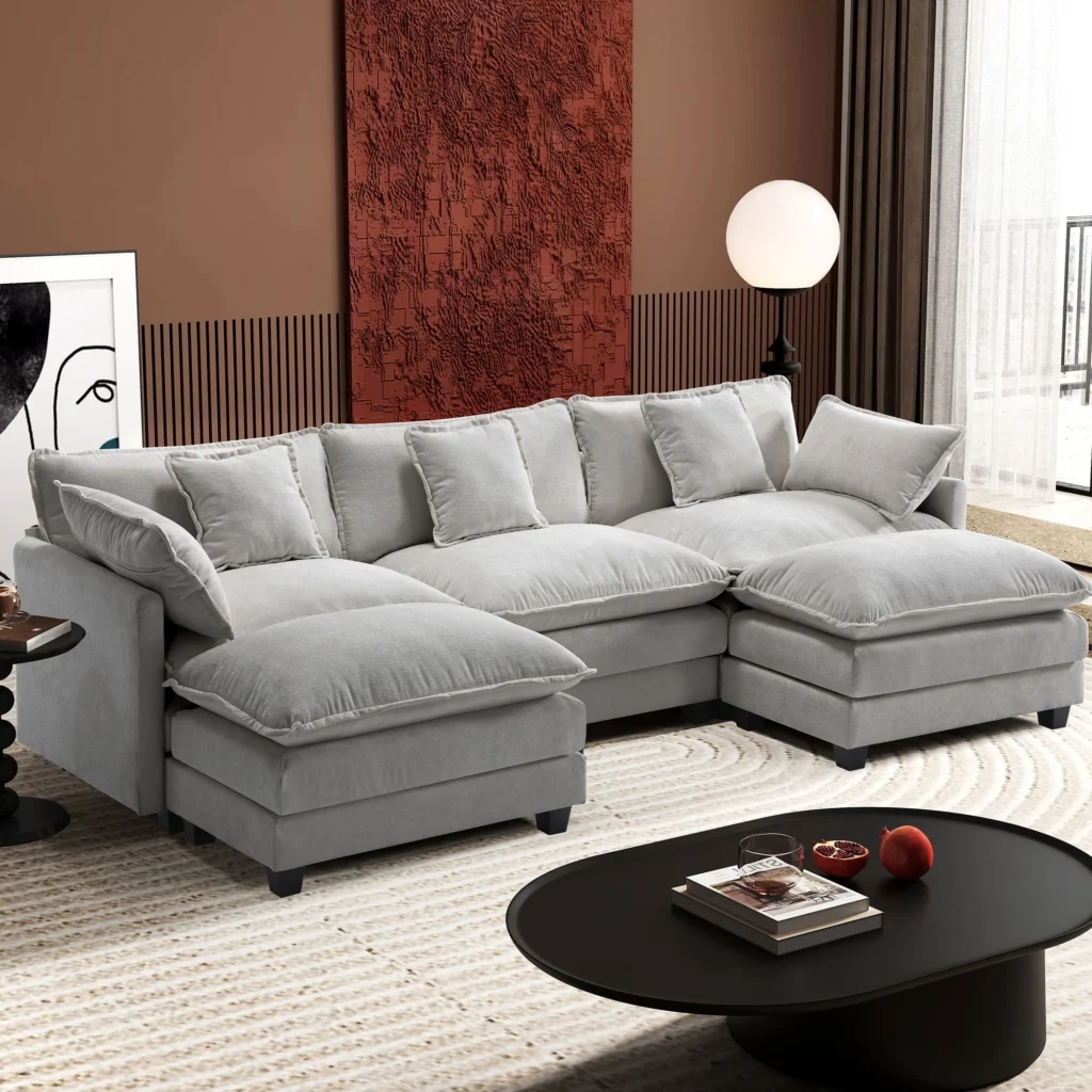 BedLuxury 111 5 Modular Sectional Sofa with Movable Ottomans U Shaped Cloud Couch for Living Room 3 Seat Grey — close-up detail of design and finish