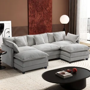 BedLuxury 111 5 Modular Sectional Sofa with Movable Ottomans U Shaped Cloud Couch for Living Room 3 Seat Grey