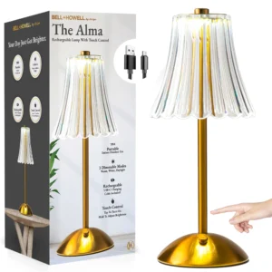 Bell and Howell Madison Table Lamp Small Cordless Touch LED Rechargeable Oval Ring Lamp for Bedside Desk Gold Base