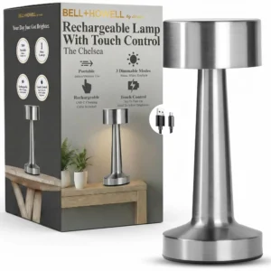 Bell Howell Chelsea Table Lamp Small Cordless Touch LED Rechargeable Lamp for Bedside Desk Nightstand Midnight Black