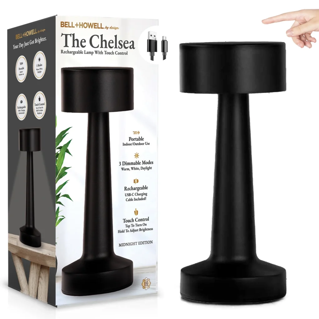 Bell Howell Chelsea Table Lamp Small Cordless Touch LED Rechargeable Lamp for Bedside Desk Nightstand Midnight Black — close-up detail of design and finish