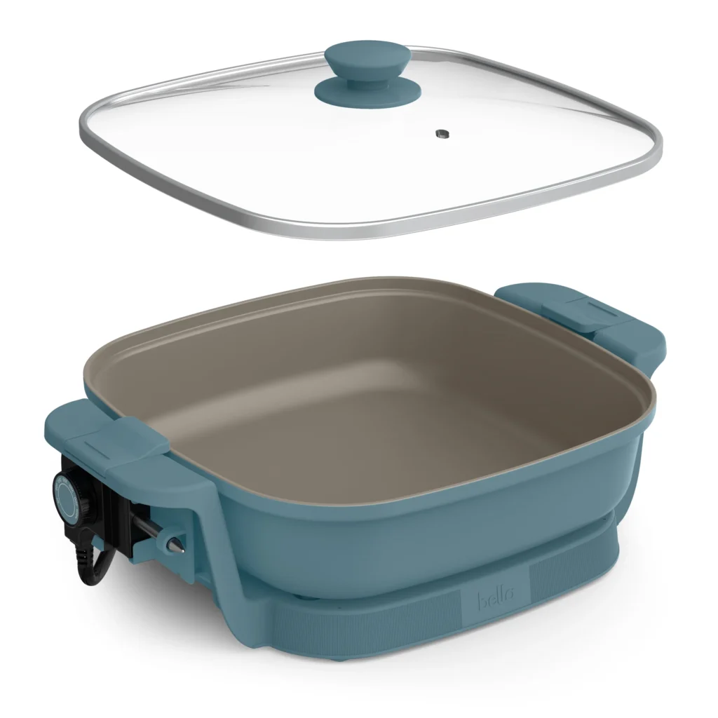 Bella Make and Take Electric Skillet – Compact & Portable Surf Blue — alternate angle showing full product
