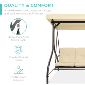 Best Choice Products 3 Seat Outdoor Converting Canopy Swing Glider Patio Hammock w Removable Cushions Fog Gray