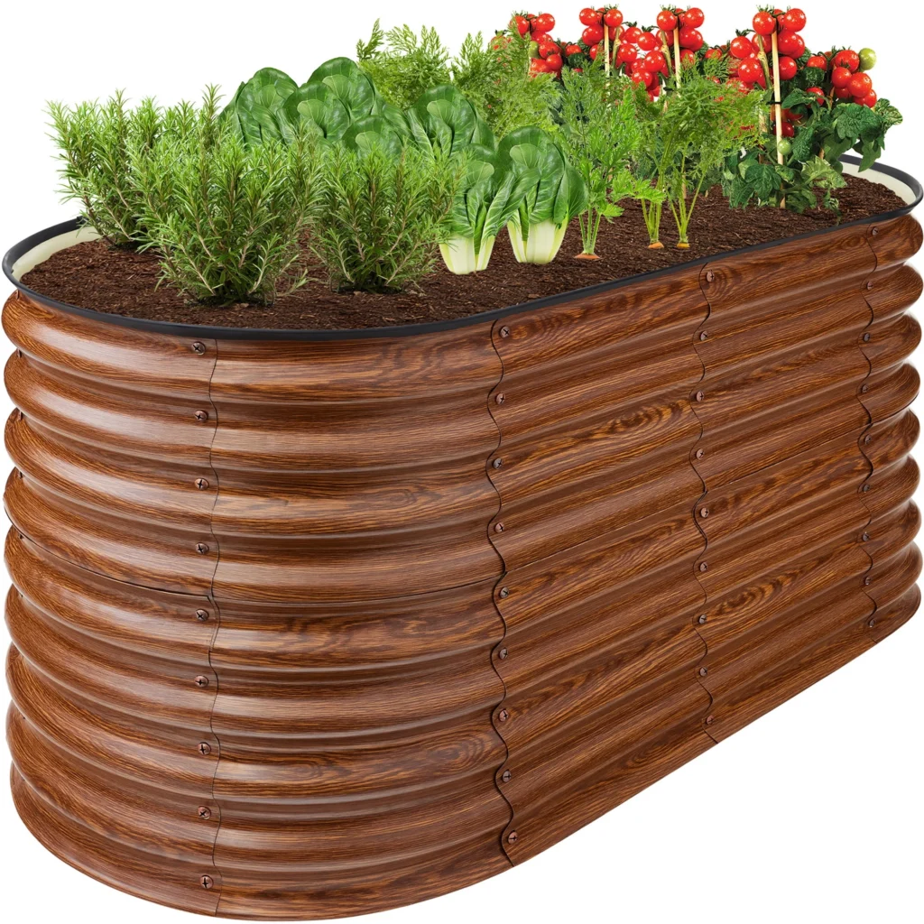 Best Choice Products 4x2x2ft Outdoor Raised Metal Oval Garden Bed Planter Box for Vegetables Flowers Wood Grain