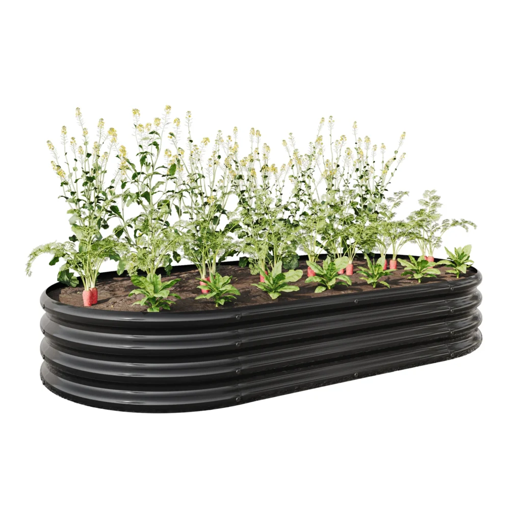 Best Choice Products 4x2x2ft Outdoor Raised Metal Oval Garden Bed Planter Box for Vegetables Flowers Wood Grain — close-up detail of design and finish