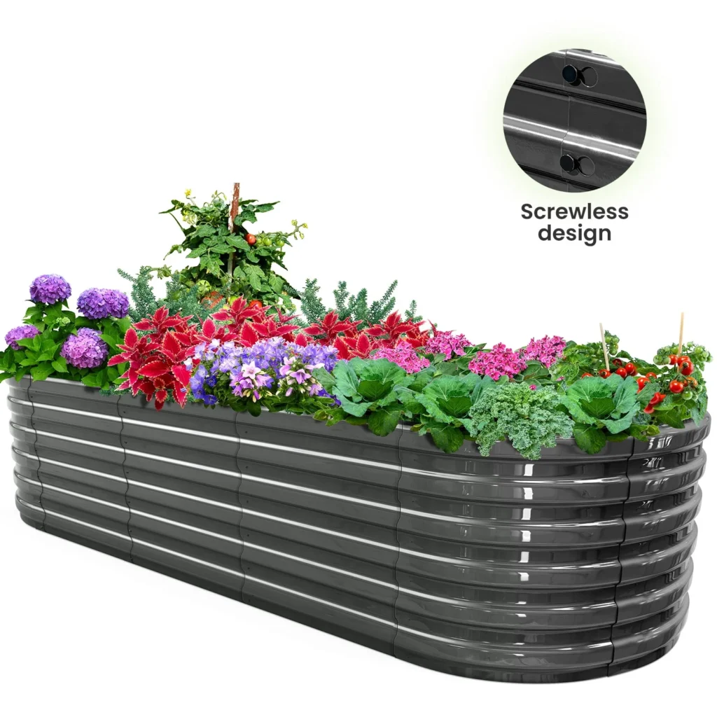 Best Choice Products 4x2x2ft Outdoor Raised Metal Oval Garden Bed Planter Box for Vegetables Flowers Wood Grain — alternate angle showing full product