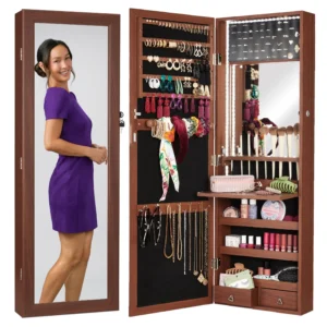 Best Choice Products Hanging Mirror Jewelry Armoire Door or Wall Mounted Cabinet w LED Lights Lock White