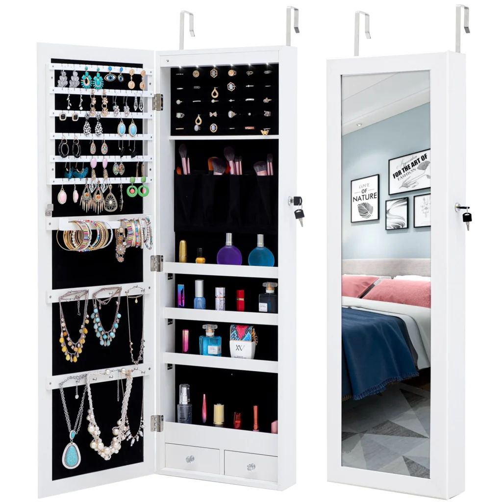 Best Choice Products Hanging Mirror Jewelry Armoire Door or Wall Mounted Cabinet w LED Lights Lock White