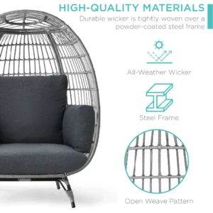 Best Choice Products Wicker Egg Chair Oversized Indoor Outdoor Patio Lounger w Steel Frame 440lb Capacity Black