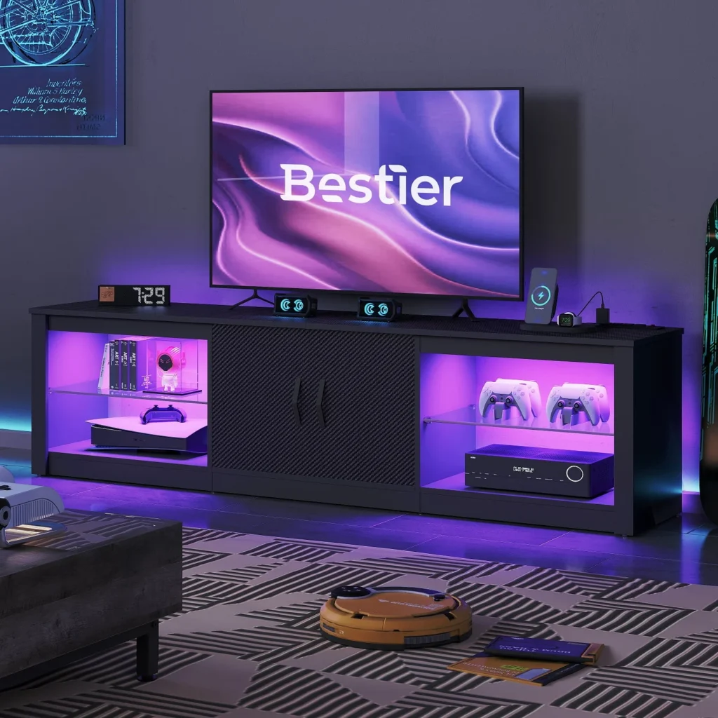 Bestier 60-inch Modern TV Stand with LED Lights – Entertainment Console — close-up detail of design and finish