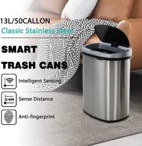 BestOffice Touch Free Sensor Stainless Steel Trash Can 13 Gallon Silver