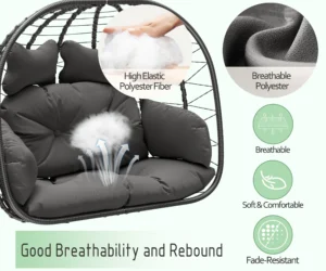 Bifanuo Double Wicker Swing Egg Chair Hammock Foldable Hanging Loveseat Stand UV Resistant Removable Cushions 700LBS Capacity Bedroom Balcony Black G