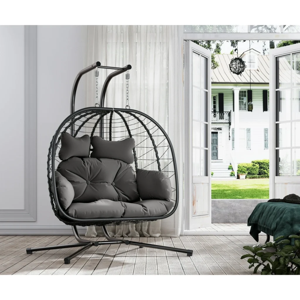 Bifanuo Double Wicker Swing Egg Chair Hammock Foldable Hanging Loveseat Stand UV Resistant Removable Cushions 700LBS Capacity Bedroom Balcony Black G