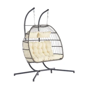 Bifanuo Double Wicker Swing Egg Chair Hammock Foldable Hanging Loveseat Stand UV Resistant Removable Cushions 700LBS Capacity Bedroom Balcony Black G