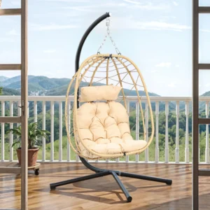 Bifanuo Double Wicker Swing Egg Chair Hammock Foldable Hanging Loveseat Stand UV Resistant Removable Cushions 700LBS Capacity Bedroom Balcony Black G