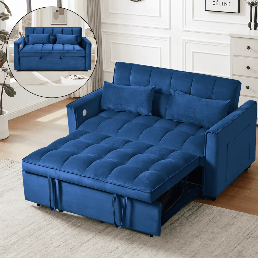 BINBANK Black Velvet 3-in-1 Convertible Sleeper Sofa – USB Charging — alternate angle showing full product