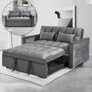 BINBANK Black Velvet 3 in 1 Convertible Sleeper Sofa Bed USB Charging Adjustable Backrest Pull Out Futon Loveseat Couch Living Room Apartment Small S