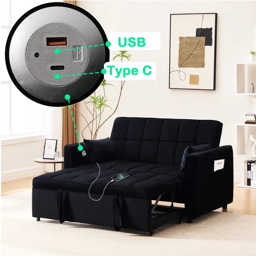 BINBANK Black Velvet 3-in-1 Convertible Sleeper Sofa – USB Charging — close-up detail of design and finish