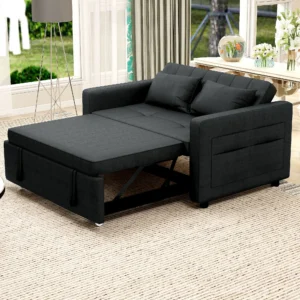 BINBANK Black Velvet 3 in 1 Convertible Sleeper Sofa Bed USB Charging Adjustable Backrest Pull Out Futon Loveseat Couch Living Room Apartment Small S