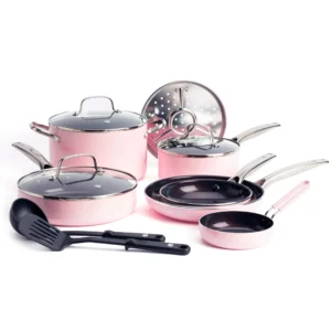 Blue Diamond Toxin Free Ceramic and Dishwasher Safe 12 Piece Pots and Pans Cookware Set Pink