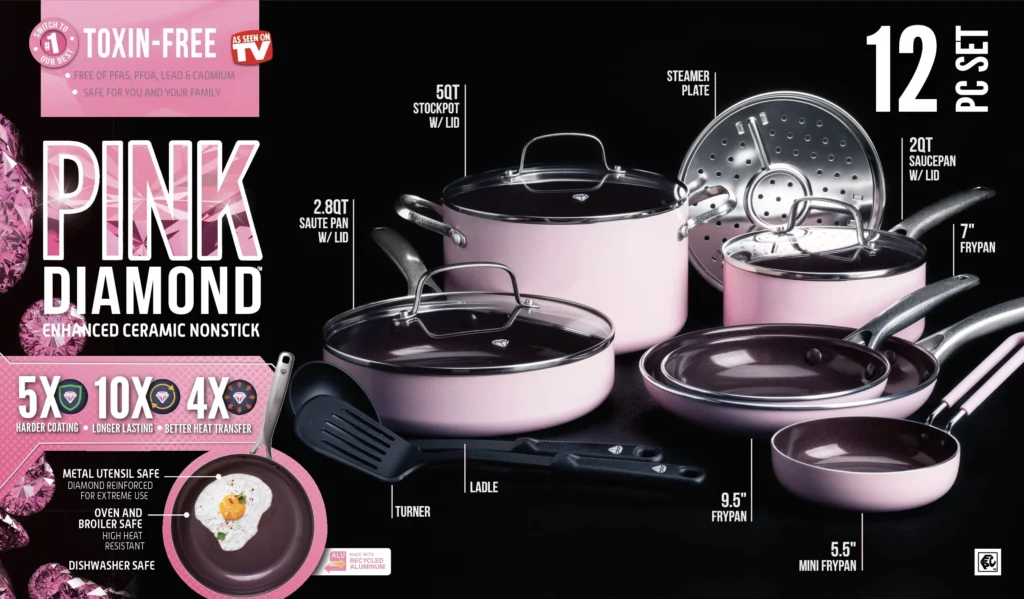 Blue Diamond Toxin-Free Ceramic 12-Pc Cookware Set – Dishwasher Safe Pink — alternate angle showing full product