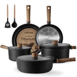 Carote 24 Pcs Nonstick Cookware Sets Granite Pots and Pans Set Non Stick with Knife and Utensil Set Beige