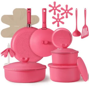Carote 24Pcs Nonstick Pots and Pans Non Stick Cookware Set with Knife and Cooking Utensil Beige