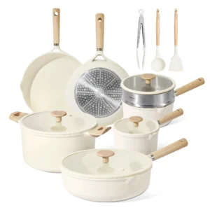 Carote 24Pcs Nonstick Pots and Pans Non Stick Cookware Set with Knife and Cooking Utensil Beige