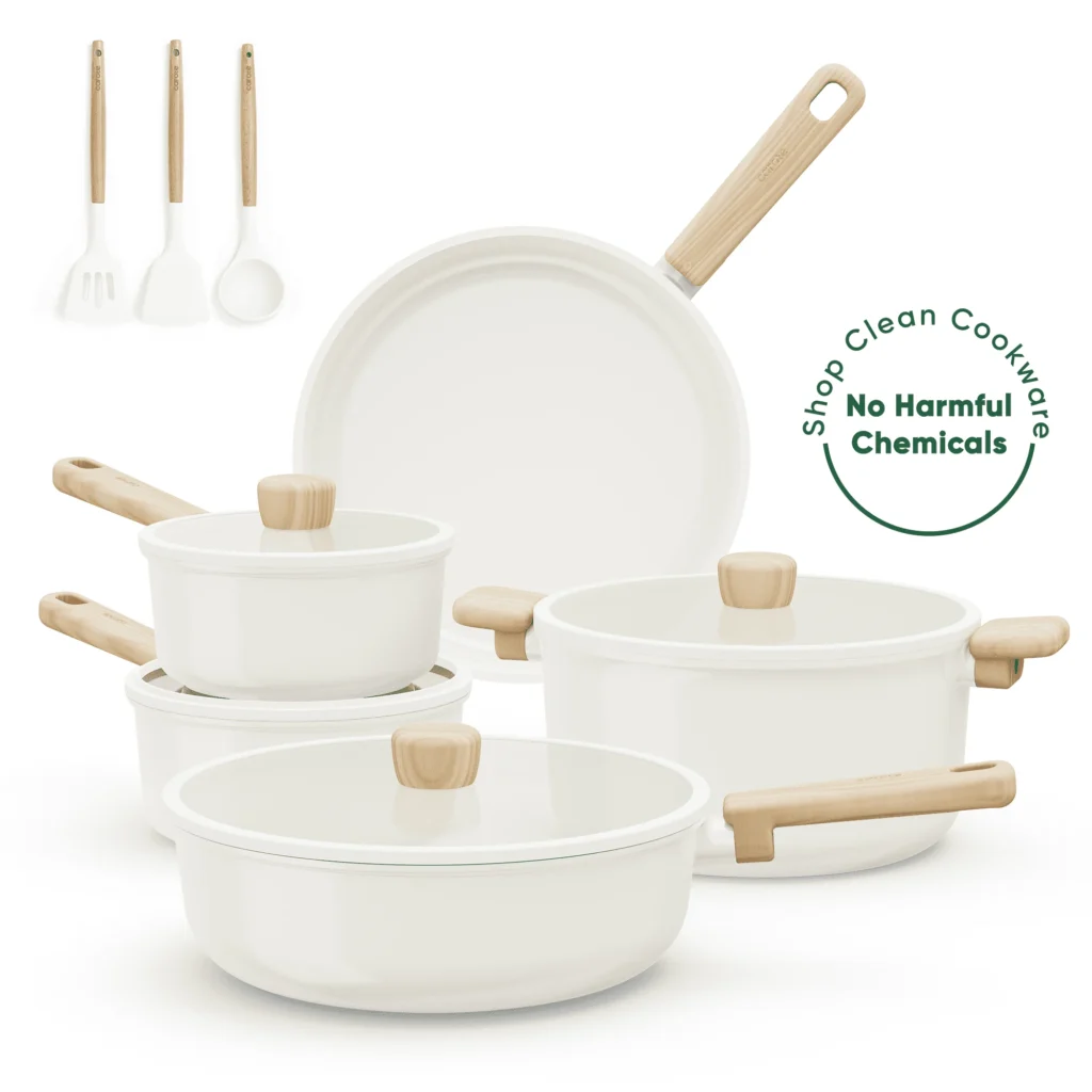 Carote Ceramic Cookware Sets 12 Pcs Non Toxic Pots and Pans Induction Cookware Cream White