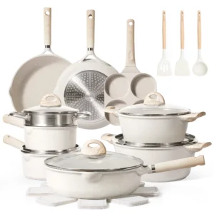 Carote Ceramic Cookware Sets 12 Pcs Non Toxic Pots and Pans Induction Cookware Cream White