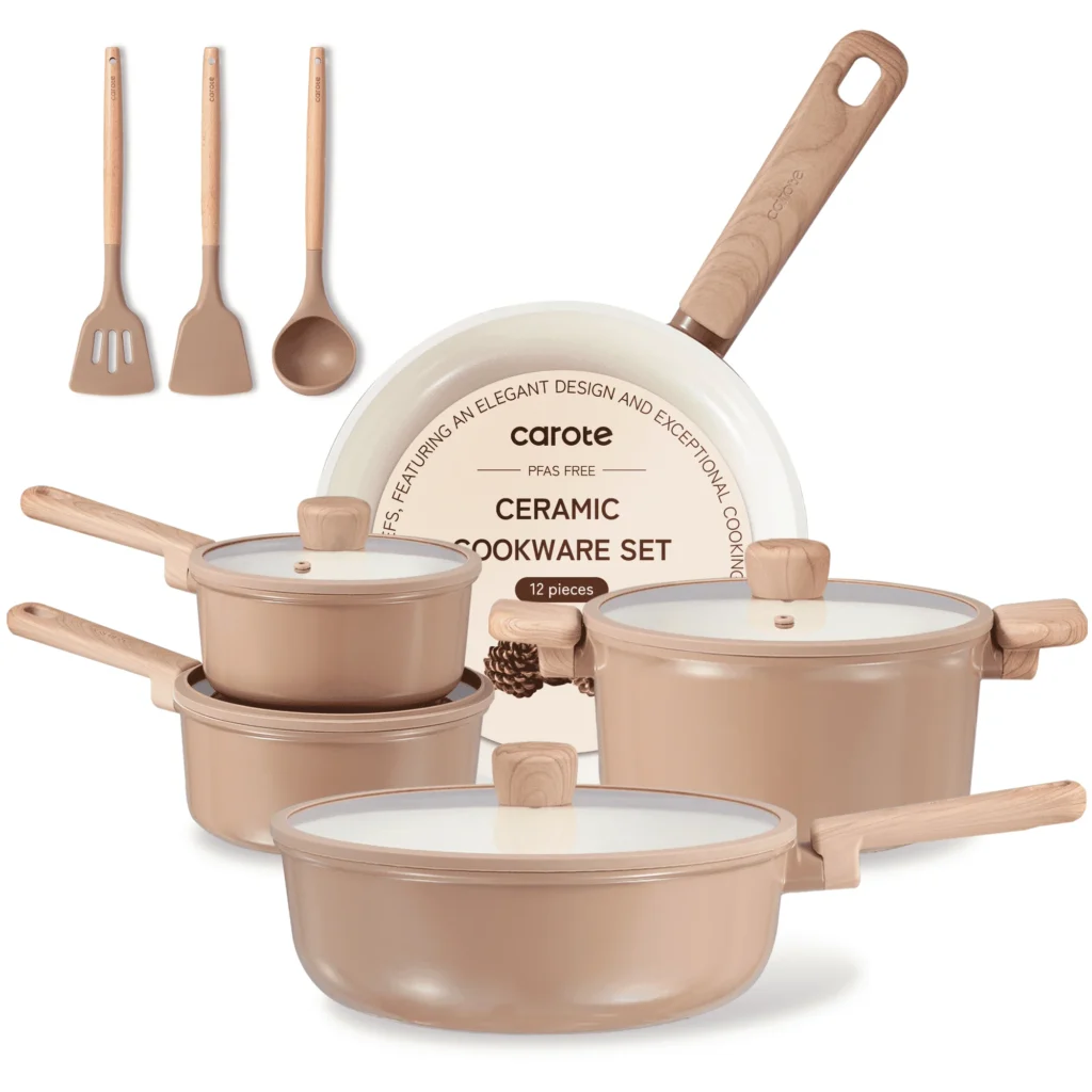 Carote Ceramic 12pc Non-Toxic Cookware – Cream White Induction β close-up detail of design and finish