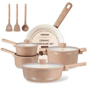 Carote Ceramic Cookware Sets 12 Pcs Non Toxic Pots and Pans Induction Cookware Cream White