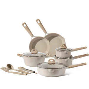 Carote Nonstick Cookware Set 13 Piece Kitchen Pots and Pans Set Stay Cool Handles Induction Compatible Cookware Set for RV and Camping Taupe