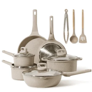 Carote Nonstick Cookware Set 13 Piece Kitchen Pots and Pans Set Stay Cool Handles Induction Compatible Cookware Set for RV and Camping Taupe