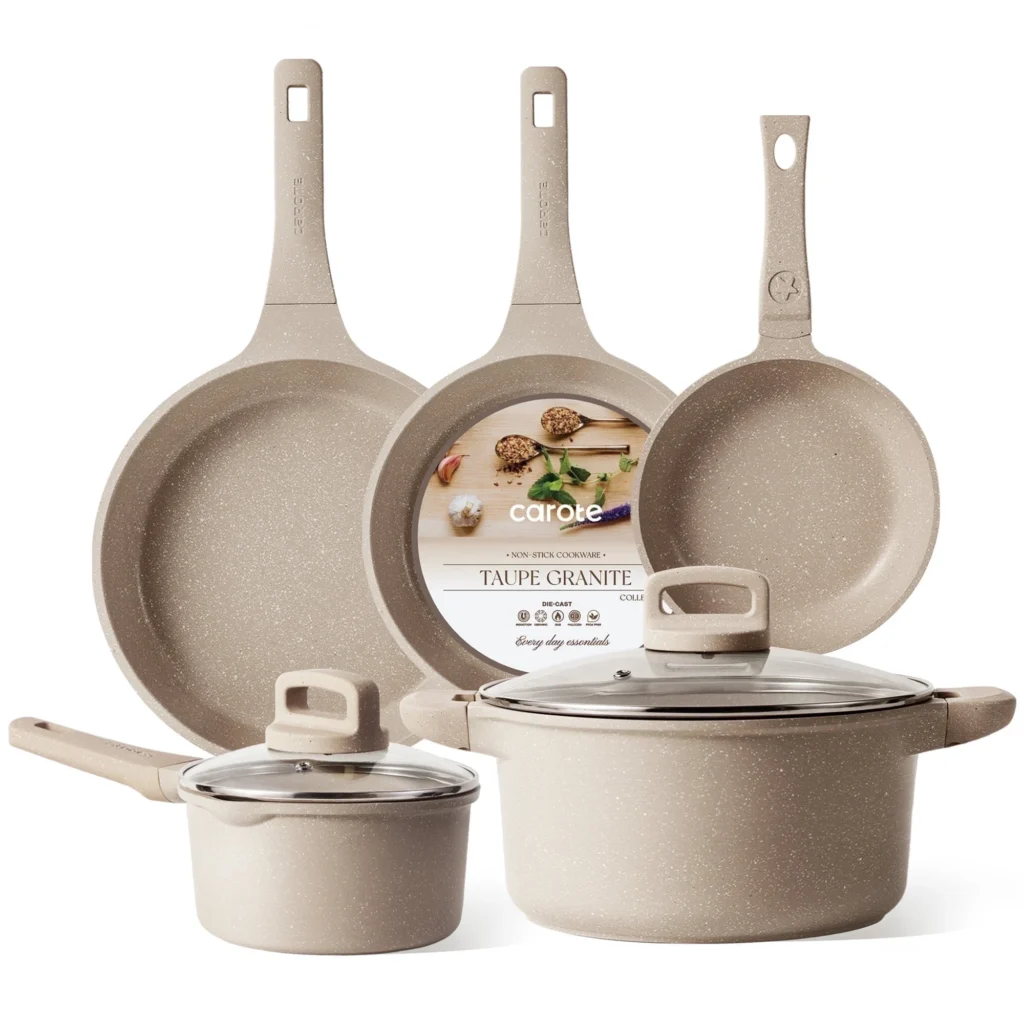 Carote Nonstick Cookware Set 13 Piece Kitchen Pots and Pans Set Stay Cool Handles Induction Compatible Cookware Set for RV and Camping Taupe