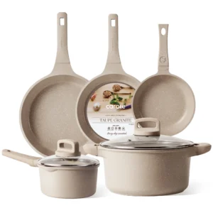 Carote Nonstick Cookware Set 13 Piece Kitchen Pots and Pans Set Stay Cool Handles Induction Compatible Cookware Set for RV and Camping Taupe