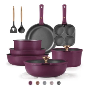 Carote Nonstick Detachable Pots and Pans Set 6 Pieces Non Toxic Cookware Set with Induction Oven Dishwasher Safe Easy for Storage Magenta Purple 4