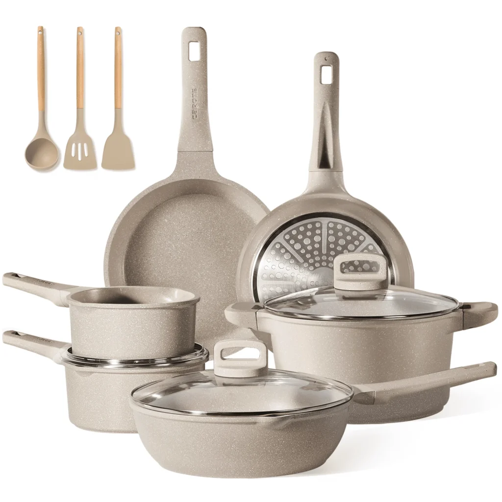 Carote Nonstick Granite Cookware Set 10-Piece – Induction Ready Brown — close-up detail of design and finish