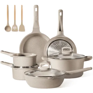 Carote Nonstick Granite Cookware Sets 10 Pcs Brown Pots and Pans Induction Kitchen Cooking Set