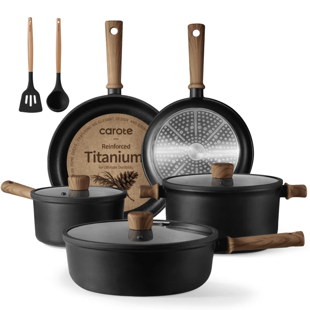 CAROTE Non Stick 8-Piece Cookware Set – Granite Finish, Induction Ready — alternate angle showing full product