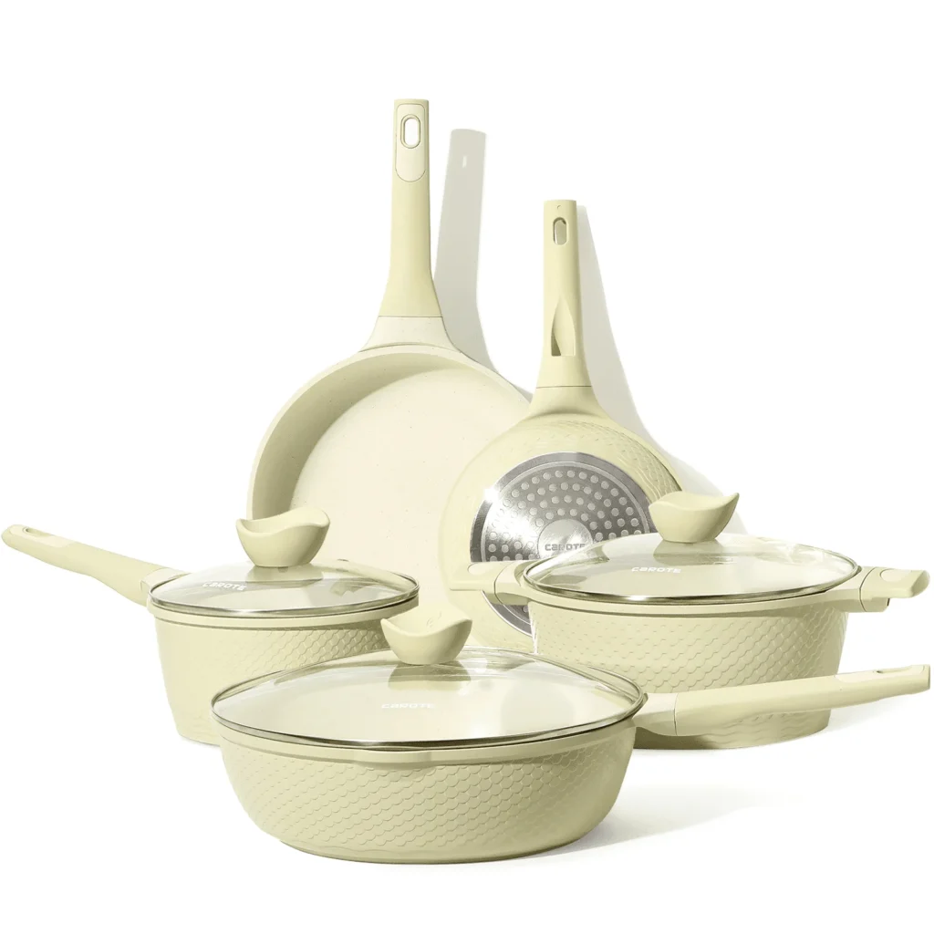 CAROTE Non Stick 8-Piece Cookware Set – Granite Finish, Induction Ready — close-up detail of design and finish